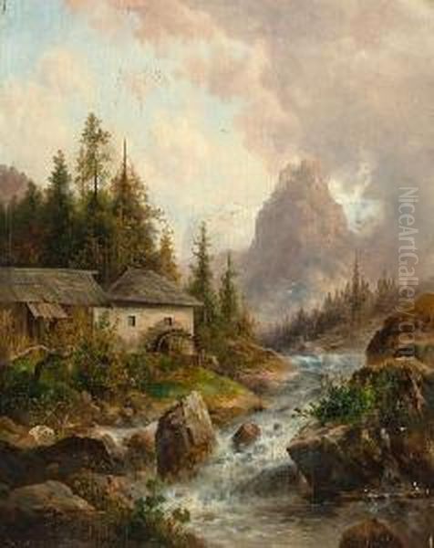 An Alpine Landscape With A Village Oil Painting by Emil Barbarini