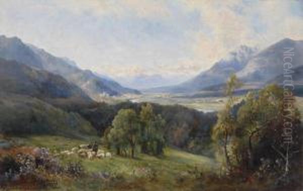 View Of A Valley, A Flock Of Sheep In The Foreground Oil Painting by Emil Barbarini