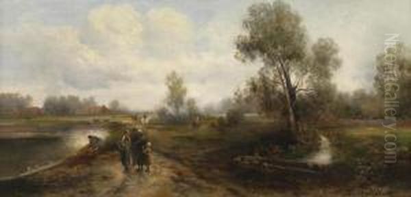 Landscape With Pond Anddecorative Figures Oil Painting by Emil Barbarini