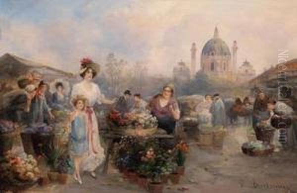 Blumenmarkt Vor Der Karlskirche Oil Painting by Emil Barbarini