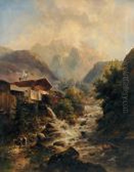 Ziegenhirtin Bei Einem Kleinen Dorf Am Gebirgsbach Oil Painting by Emil Barbarini