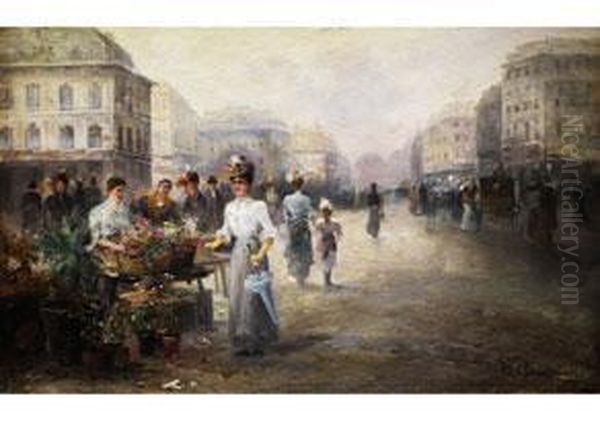 Blumenmarkt In Einer Breiten 
Grossstadtstrasse Mit Kutschen, Passanten Und Einer Jungen Dame Am 
Blumenstand Oil Painting by Emil Barbarini