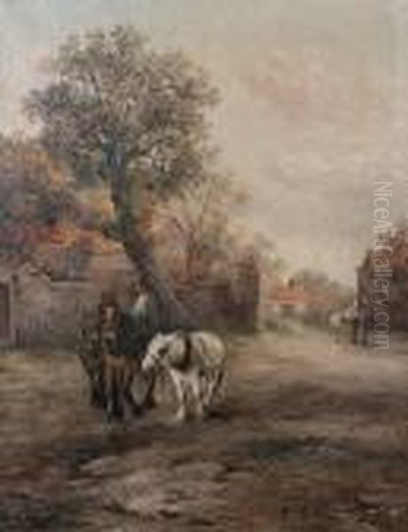 Plough Horses And Figures In A Village Street Oil Painting by Emil Barbarini