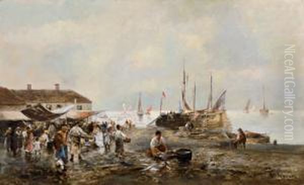 Mercato Del Pesce Sulla Spiaggia Oil Painting by Emil Barbarini