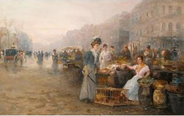 Figures On A Flower Market; A Busy Market (a Pair) Oil Painting by Emil Barbarini