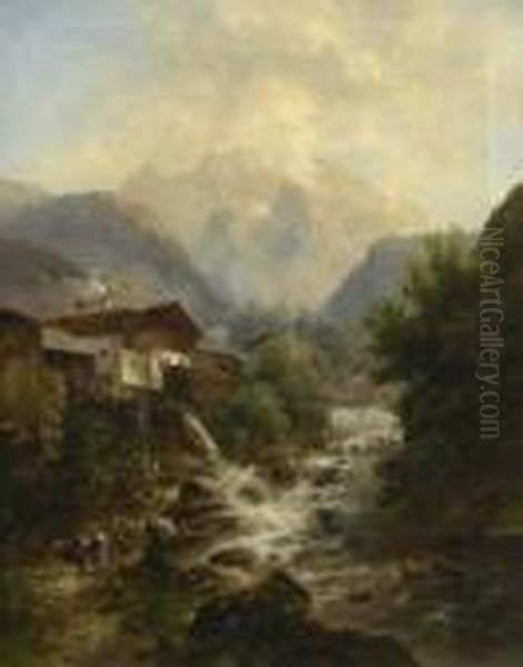 Bauernhauser Am
 Gebirgsbach. Oil Painting by Emil Barbarini