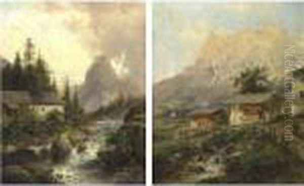 Cottages In The Alps: A Pair Oil Painting by Emil Barbarini