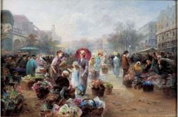 Le Marche Aux Fleurs A Paris Oil Painting by Emil Barbarini