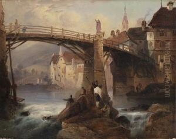 An Der Stromschnelle Unter Einer
 Brucke Oil Painting by Emil Barbarini