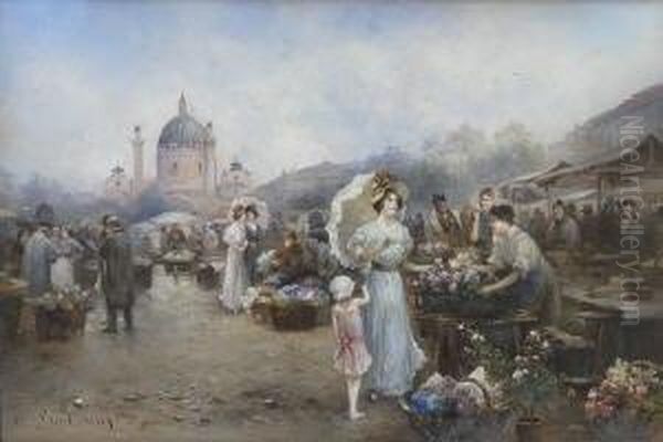 Blumenmarkt Auf Dem Wiener
 Karlsplatz. Oil Painting by Emil Barbarini