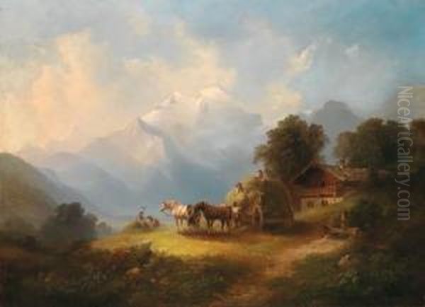 Heueinbringung Auf Der Alm Oil Painting by Franz Barbarini