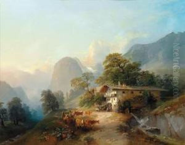 Alpenlandschaft Mit Einer Viehherde Vor Demwirtshaus Oil Painting by Franz Barbarini