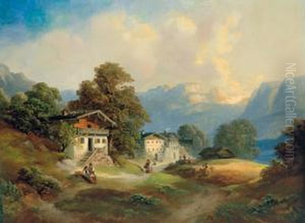 Gebirgslandschaft Mit Bauernhausern Undfigurlicher Staffage Oil Painting by Franz Barbarini