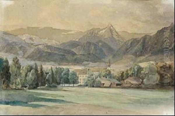 Blick Auf Ein Dorf, Im Hintergrund Gebirgsmassiv. Oil Painting by Franz Barbarini