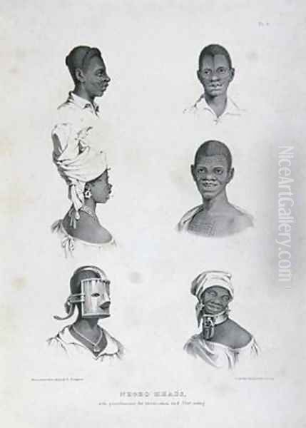 Negro Heads with punishments for Intoxication and Dirt-eating, from 'West Indian Scenery with Sketches of Negro Character', 1836 Oil Painting by Richard Bridgens