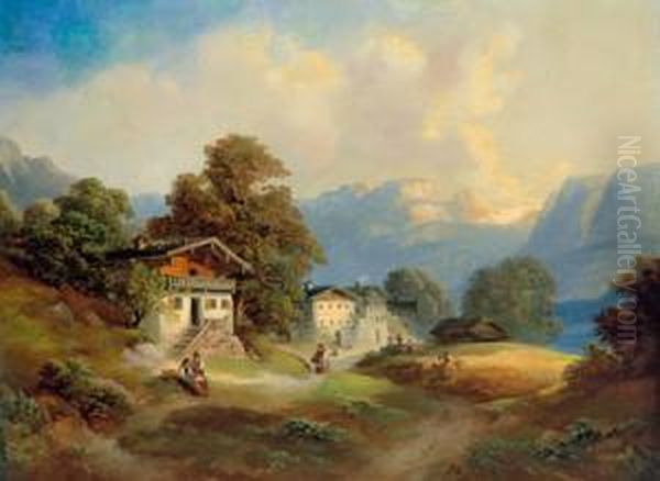 Paesaggio Montano Con Case Contadine E Figure Ornamentali Oil Painting by Franz Barbarini