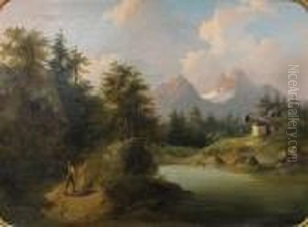 A Mountainous Landscape With A Figure Walkingon A Path Along A River Oil Painting by Gustav Barbarini