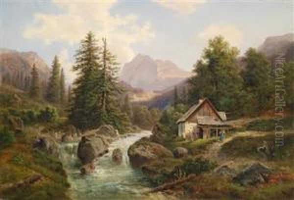 Waldlandschaft Mit Gebirgsbach Und Figurlicher Staffage Oil Painting by Gustav Barbarini