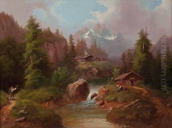 Abschied Amgebirgsflus Oil Painting by Gustav Barbarini