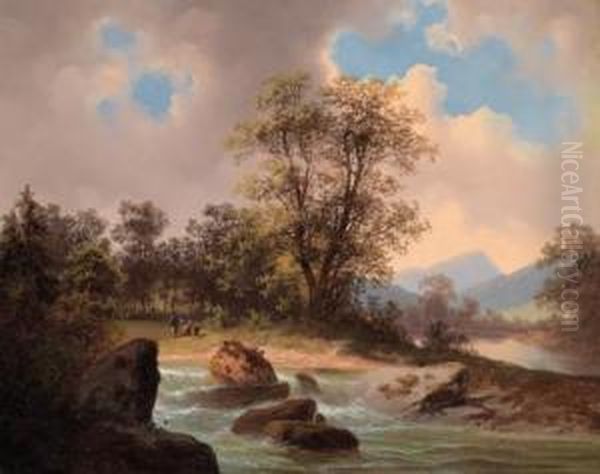 Landschaft Mit Figurlicher Staffage Oil Painting by Gustav Barbarini