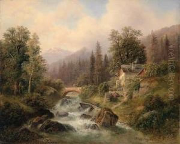 Idyllische Gebirgslandschaft Mit Bauernhausern Oil Painting by Gustav Barbarini