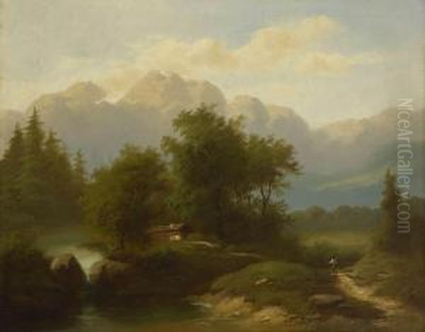 Gebirgslandschaft. Oil Painting by Gustav Barbarini