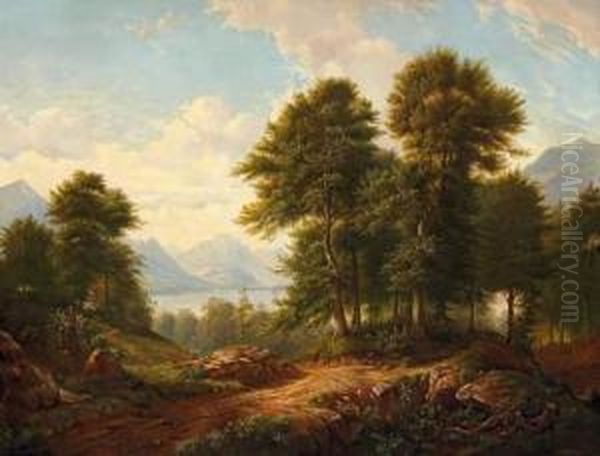 Vast Mountainous Landscape Around An Alpine Lake Oil Painting by Gustav Barbarini