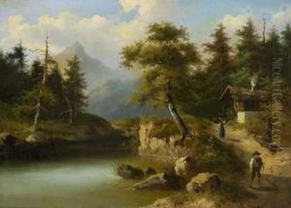 Gebirgslandschaft Mit Figurenstaffage. Oil Painting by Gustav Barbarini