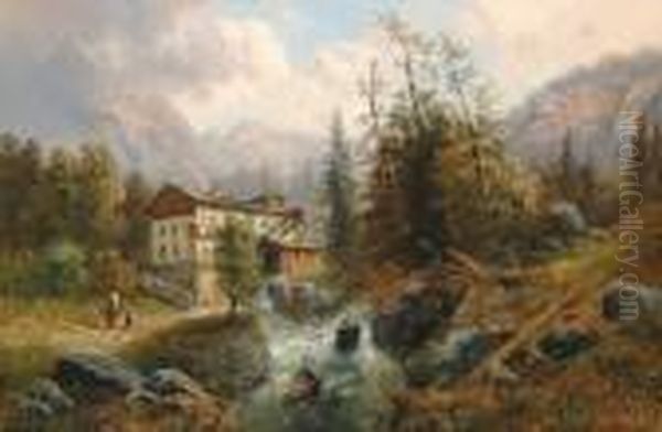 Gebirgige Landschaft Mit Bauernhaus Am Wildbach Oil Painting by Gustav Barbarini