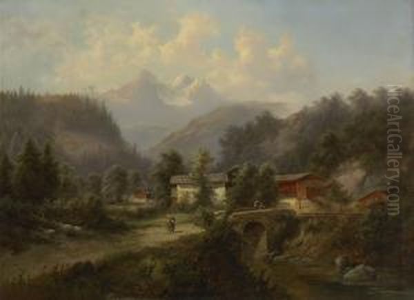 Bauernhauser Am Gebirgsbach. Oil Painting by Gustav Barbarini