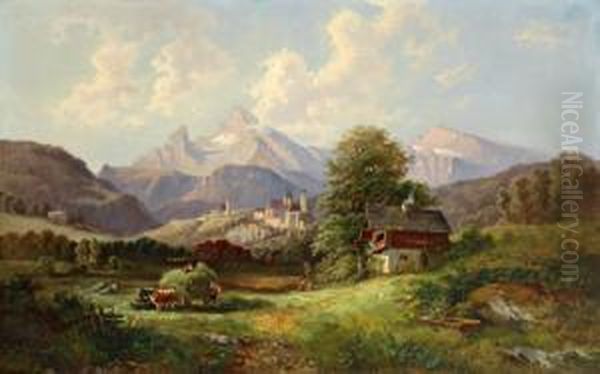 Heuernte Bei Berchtesgaden Oil Painting by Gustav Barbarini