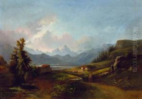 A Sunlit Path In An Alpine Landscape Oil Painting by Gustav Barbarini