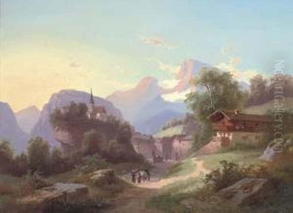 Travellers At An Alpine Hamlet Oil Painting by Gustav Barbarini