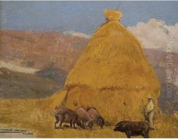 Paisaje (landscape With A Hay Stack) Oil Painting by Mariano Barbasan Lagueruela