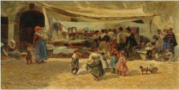 Mercado, Anticoli Corrado (the Marketplace, Anticoli Corrado) Oil Painting by Mariano Barbasan Lagueruela