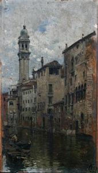 A Venetian Canal Oil Painting by Mariano Barbasan Lagueruela