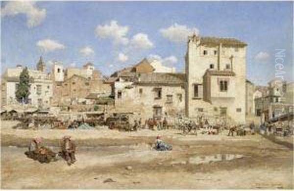 Calle In Un Pueblo (village Street Scene) Oil Painting by Mariano Barbasan Lagueruela