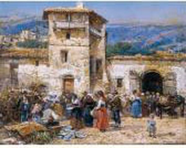 Mercado En Anticoli Corrado (market In Anticoli Corrado) Oil Painting by Mariano Barbasan Lagueruela