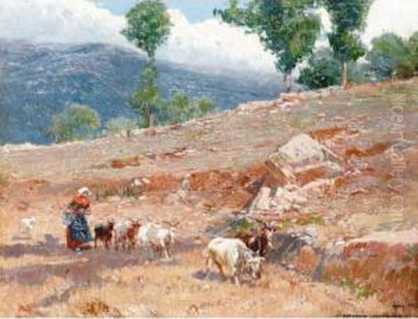 Goatherder In A Landscape Oil Painting by Mariano Barbasan Lagueruela