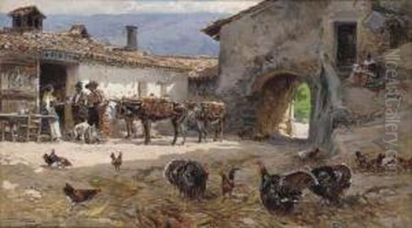 A Farmyard Scene Oil Painting by Mariano Barbasan Lagueruela