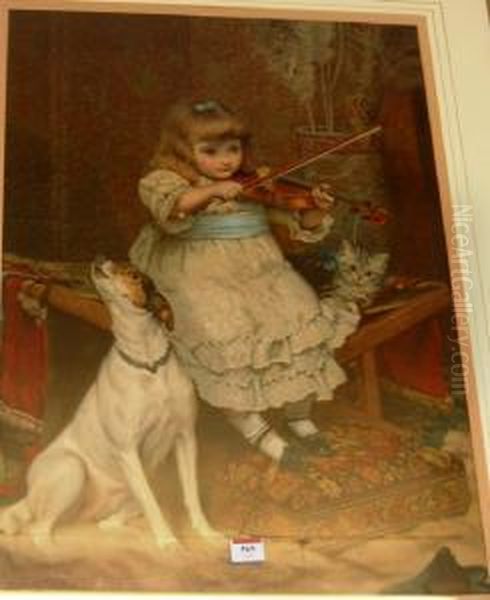 Girl Playing The Violin With Attendant Dog, Lithograph Oil Painting by Charles Burton Barber