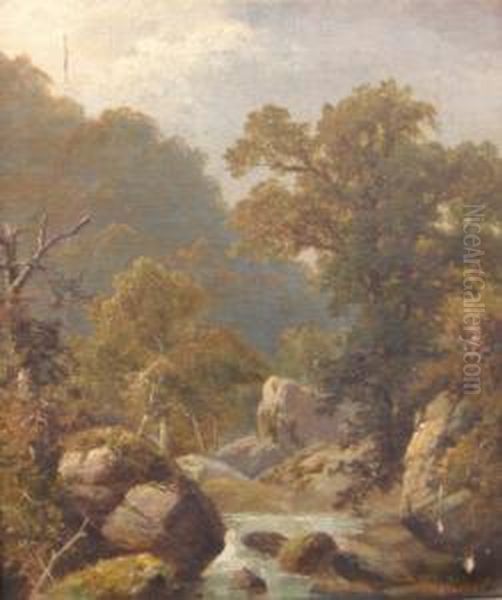 Stream Within A Rocky Wooded Landscape Oil Painting by Thomas Stanley Barber