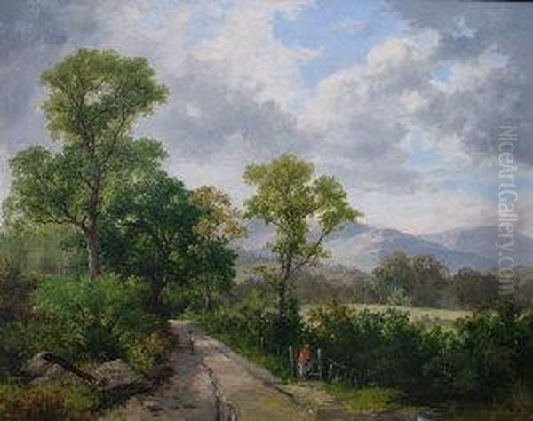 Figures On A Country Path With Woodland And Mountains Beyond Oil Painting by Thomas Stanley Barber