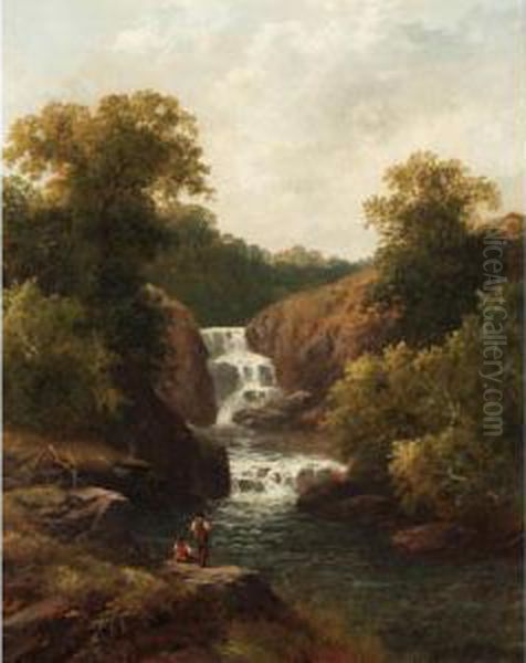 Mellincourt Falls; River Scene Oil Painting by Thomas Stanley Barber