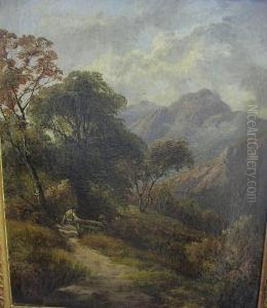 A Figure Crossing A Stile In A Mountainous Landscape Oil Painting by Thomas Stanley Barber