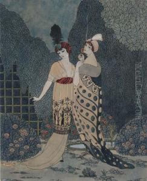 Two Women In Kimonos Oil Painting by Georges Barbier