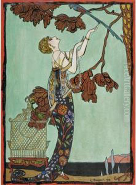 Woman With Parakeet Oil Painting by Georges Barbier