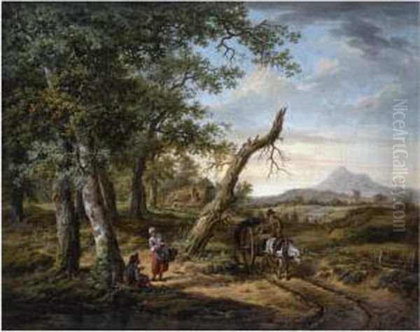 A Wooded, Hilly Landscape With A
 Farmer On A Horse-drawn Cart On A Muddy Path, Peasants Resting Nearby, A
 Farmhouse Beyond Oil Painting by Pieter Bartholomeusz. Barbiers IV