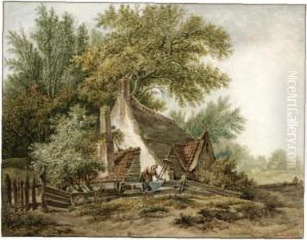 A Peasant Cottage Amongst Trees, With A Woman Doing Her Laundry Oil Painting by Pieter Bartholomeusz. Barbiers IV