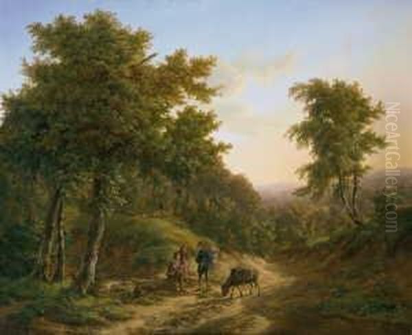 Mittelgebirgslandschaft Mit 
Rastenden Wanderern. Signiert Unten Links: P. Barbiers. Ol Auf Holz. H 
79; B 95 Cm. Oil Painting by Pieter Bartholomeusz. Barbiers IV